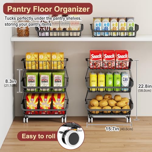 3-Tier Rolling Pantry Cart with Wheels, Stackable Wire Storage - Image 4