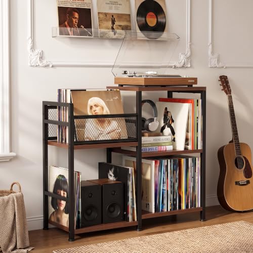 Record Player Stand with Outlet and Vinyl Storage, Warm Acacia - Image 7