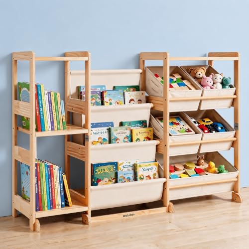 Kids Bookshelf & Toy Storage Organizer with 5 White Bins - Image 2