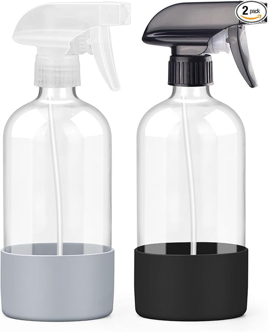 2 Pack Glass Spray Bottles with Silicone Sleeve, 16 oz Empty Refillable Containers with Adjustable Spray Nozzles, Spray Bottles for Hair, Cleaning Solutions and Plants Black&Grey