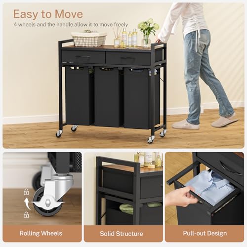 Laundry Sorter 3 Section, 120 L Laundry Hamper with 2 Drawers & - Image 6
