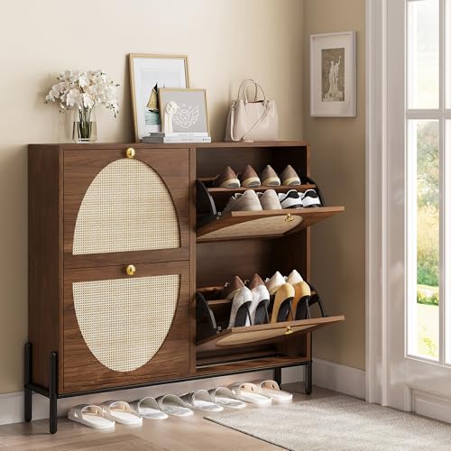 IRONCK Rattan Shoe Cabinet Storage with 4 Flip Drawers, Walnut - Image 3