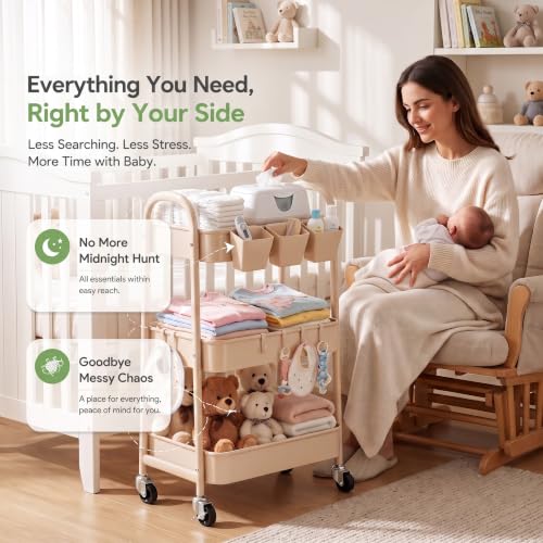 Beige 3 Tier Rolling Cart Metal with Wheels,Tan Thre | All Products - Image 3