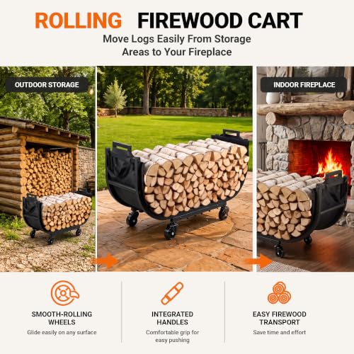 32-Inch Firewood Rack with Wheels, Rolling Firewood Cart, Black - Image 4