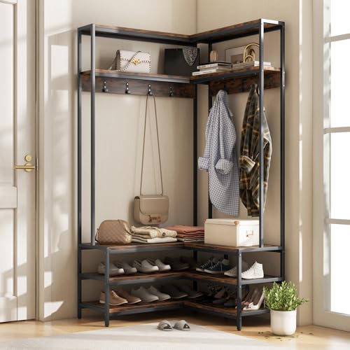 Tangkula Corner Hall Tree, 70 Inch Coat Rack with Bench - Image 2