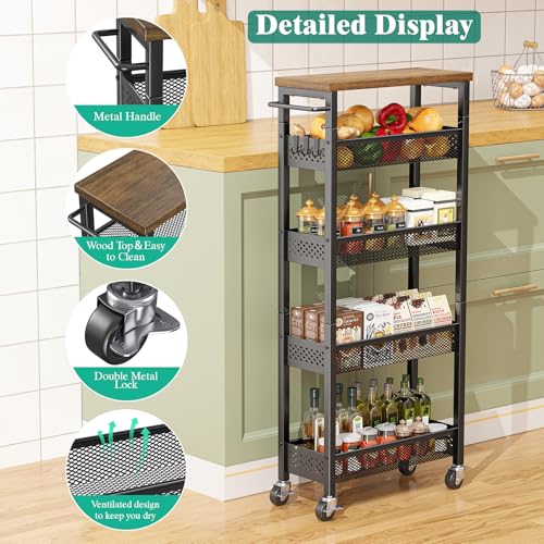 Giwil Slim Storage Cart 5 Tier Narrow Kitchen Rolling Cart - Image 6
