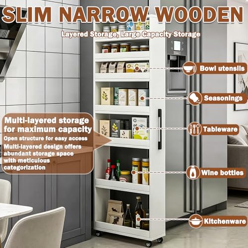 7-Tier Slim Rolling Storage Cart, Wooden Narrow Pantry Cabinet - Image 4