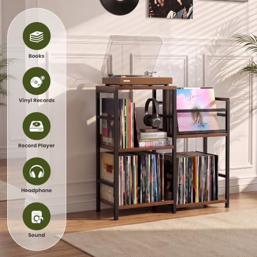 Record Player Stand with Outlet and Vinyl Storage, Warm Acacia - Image 8