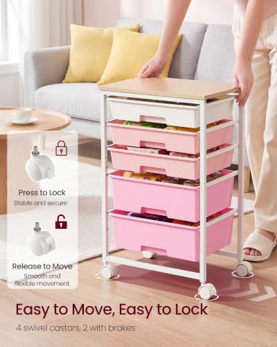 VASAGLE Rolling Cart with Drawers,5 Drawers Storage Cart, Pink - Image 6