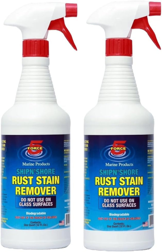Force 5 SHIPN'SHORE, Rust Stain Remover, Instant Hull Cleaner, Vinyl, Fabric, Metal & Painted Surfaces - Removes Sprinkler Stains from Walls and Fences Instantly. (2, Quart)