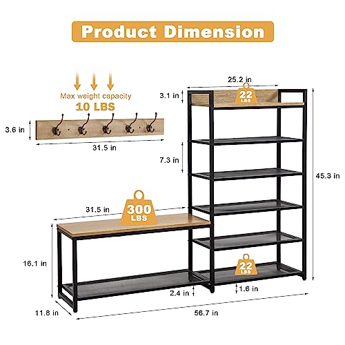 SUNTAGE 6-Tier Coat Rack Shoe Bench Set, Entryway Bench with 6 - Image 5