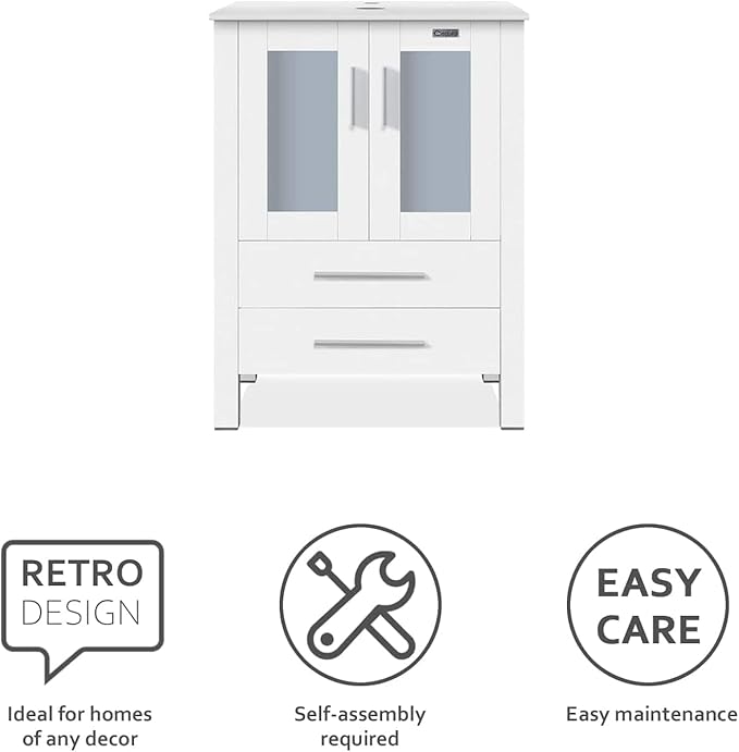 eclife 48" Modern Bathroom Vanity Sink Combo Freestanding Cabinet with Small Side Cabinet, White Boat Ceramic Vessel Sink, Water Save Faucet, Drain (White+T44)