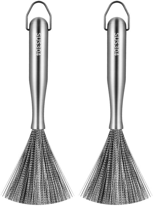 Stainless Steel Dish Brush with Handle, Metal Steel Wool Scrubber for Cast lron, Cookware, Pot(2 PCS)