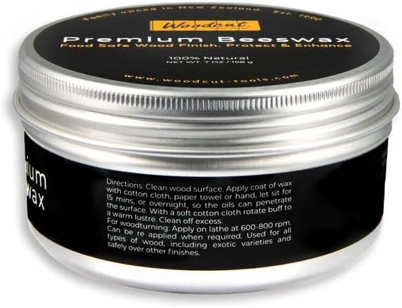Beeswax Woodcut Premium 7oz, Wood Cream, Food Safe for Cutting Boards, Woodturning, Furniture, Benchtops, Cupboards, Baby Toys, Floors and Leather. Aluminium Container with Sponge