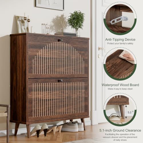 Wooden Shoe Cabinet for Entryway, 2 Flip Drawers Enclosed - Image 6