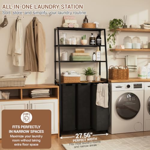 Laundry Hamper With Shelf, 3 Compartment Laundry Sorter - Image 7