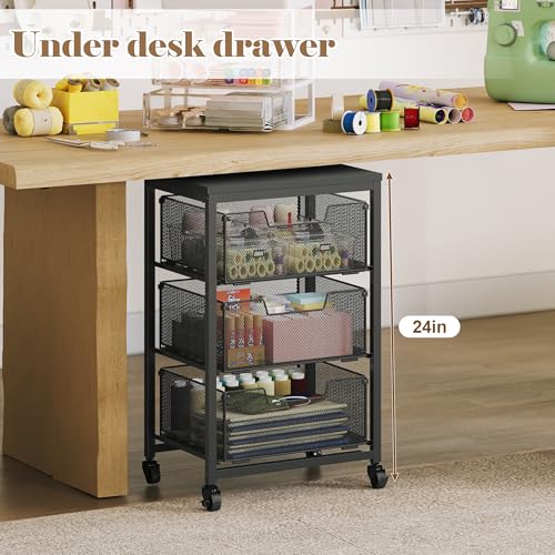 Under Desk Storage Cart with Lockable Wheels, 3-Drawer - Image 4