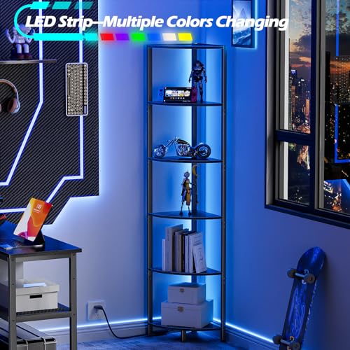 Furnulem 6 Tier Corner Shelf with LED Light, 67.5" Black Narrow - Image 5