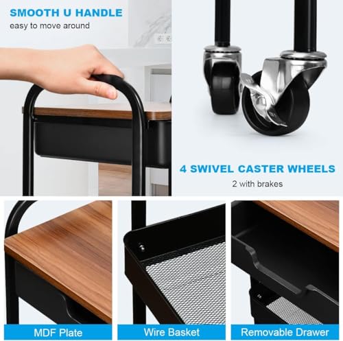 3 Tier Rolling Cart with Drawer, Metal Utility Cart with Table - Image 7