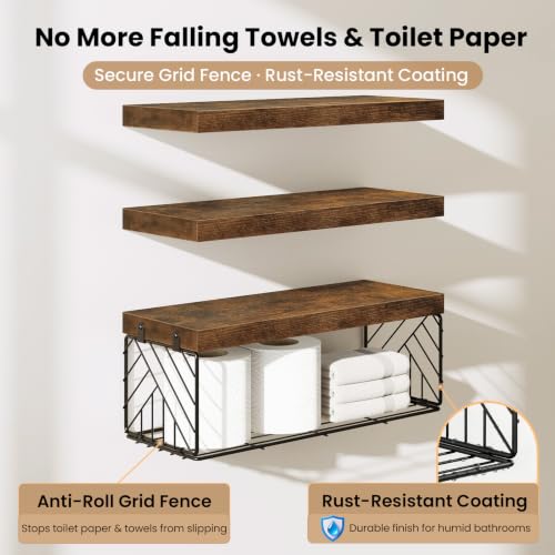 BAYKA Rustic Brown Floating Bathroom Shelves, 15.7in - Image 6