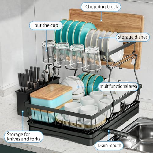 7 code 2-Tier Large Dish Drying Rack for Kitchen Counter, Black - Image 6