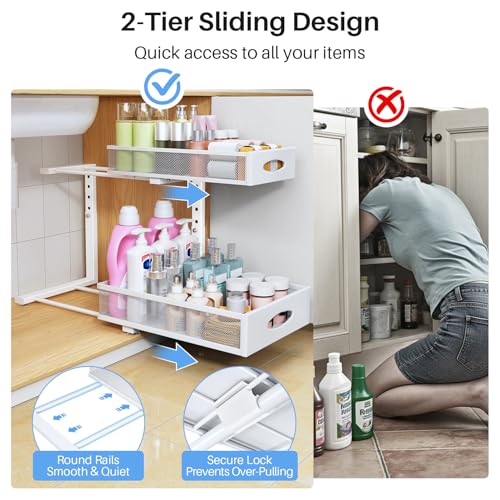 Under Sink Organizer, 2 Pack 2 Tier Pull Out Under Cabinet Organizer Shelf with Pad for Framed Cabinets, Metal Slide Out Under Sink Storage, Mesh Sliding Drawers for Kitchen Bathro - Image 5