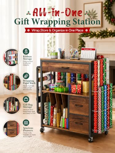 MAX Wrapping Paper Storage Cart, Up to 30 Rolls, Wood Grain - Image 4