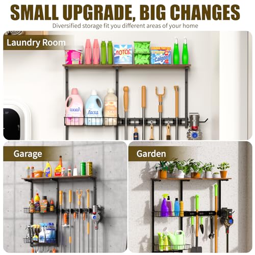 Broom Holder Wall Mount，With A Storage Basket Cleaning - Image 6