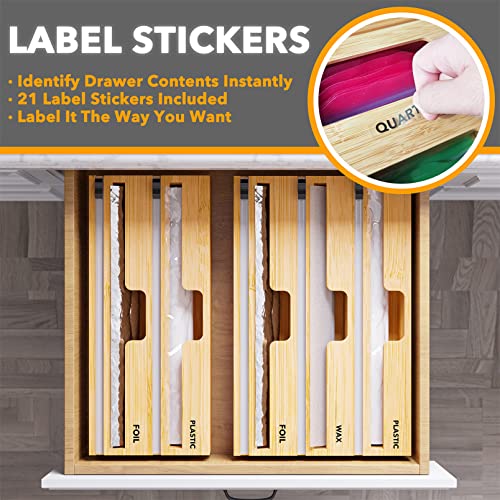 SpaceAid WrapNeat 2 in 1 Wrap Organizer with Cutter and Labels, Plastic Wrap, Aluminum Foil and Wax Bamboo Dispenser for Kitchen Storage Organization Holder for 12" Roll (Natural) - Image 4