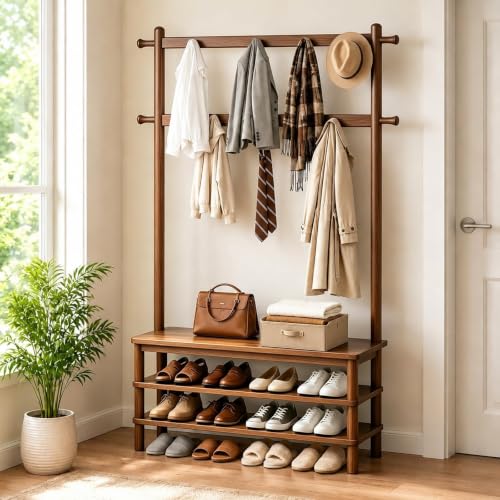 Solid Wood Hall Tree with Bench, Shoe Rack & 11 Hooks 35.5'' - Image 3