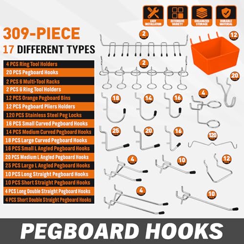 HORUSDY 309 PCS Pegboard Hooks Assortment Kit – 17 Types - Image 4