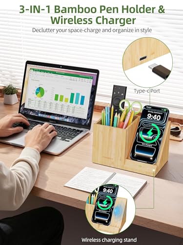 Bamboo Pen Holder for Desk with Wireless Charger, De | All Products - Image 3