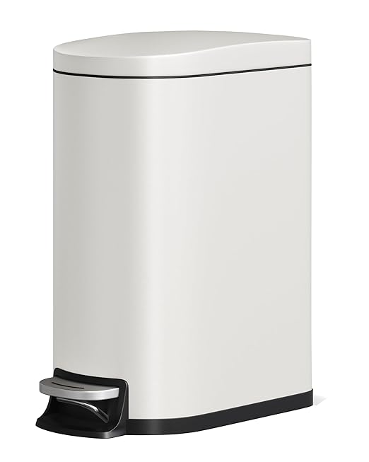 Stainless Steel Bathroom Trash Can with Lid, Slim Waterproof Garbage Can, Small Step-on Metal Trash Bin with Soft Close Lid, Inner Bucket & Rear Handle for Bathroom, Bedroom, Kitchen
