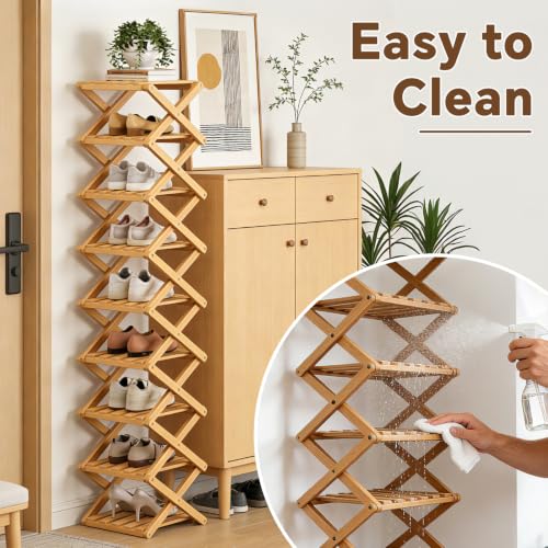 9 Tier Bamboo Shoe Rack, Foldable Narrow Shoe Organizer - Image 7