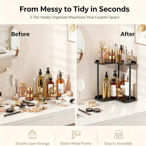2 Tier Corner Bathroom Counter Organizer Storage Shelf, Black - Image 6