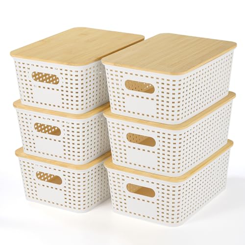 Ohmlove 6 Pack Plastic Storage Baskets with Bamboo Lids - Image 2