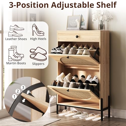 IRONCK Narrow Shoe Cabinet with 2 Flip Drawers and Rattan - Image 5
