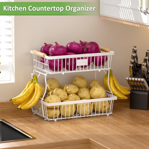 2 Tier Fruit Basket for Kitchen Counter with 2 Banana Hangers - Image 4