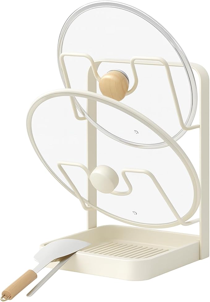 Kitchen Pot Lid Storage Rack, Double Layer Pot Lid Organizer Rack & Holder While Cooking, Metal Pot Lid Stand with Spoon Rest and Removable Drip Tray, Space-Saving Design (Beige, 2)