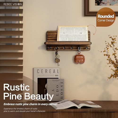 Pine Wood Key Holder Wall Mount with Shelf for Entryway, Brown - Image 6