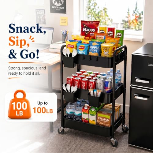3 Tier Rolling Cart Metal with Wheels,Black Three Tiered Dorm - Image 7