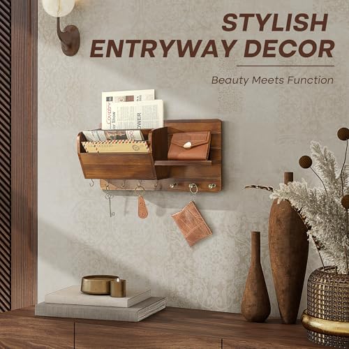 Pine Wood Key Holder Wall Mount with Mail Sorter, Light Brown - Image 5