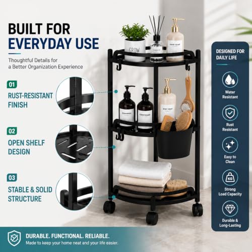 3 Tier Rolling Corner Organizer with Wheels, Freestanding Storage - Image 8