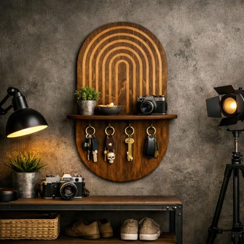 Minimalist Entryway Organizer Shelf with Key Hooks, Wooden - Image 8