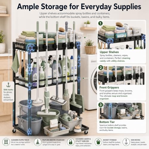 Cleaning Supplies Organizer Cart with Wheels, Broom and Mop - Image 4