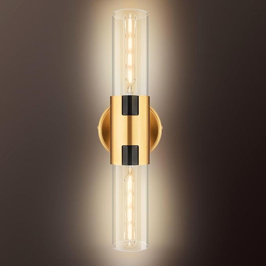 2-Light Bathroom Vanity Light Fixtures, 17.5" Indoor Wall Sconce with Clear Glass, Modern Cylinder Wall Lights for Bathroom, Bedroom, Hallway, Stairways, Living Room (Brushed Gold)