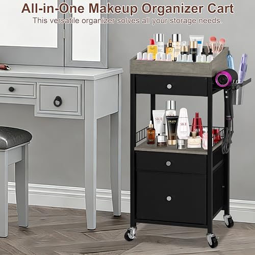 Makeup Organizer Cart, 3 Drawers, Rolling Storage, Black & Gray - Image 4