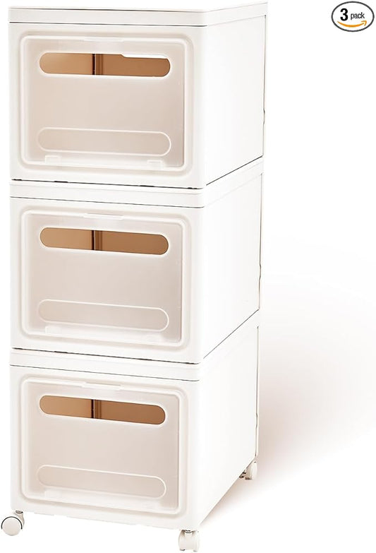 Shoe Box Shoe Storage Box Shoe Storage Organizer ，Under Bed Shoe Storage， With Wheels Stackable (White, 3 Pack)