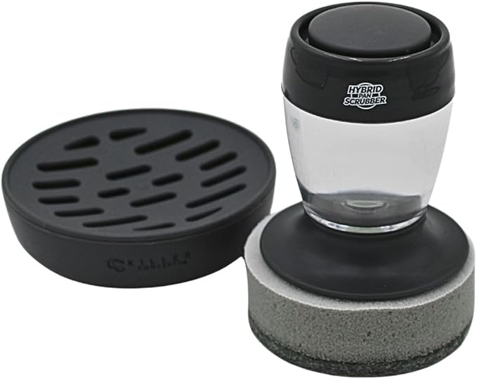 Stainless Steel & Hybrid Cookware Scrub & Polisher with Soap-Dispensing Handle, Dual-Layer DuoPad & Drydock Tray. Refillable, Ergonomic, Safe for All Hybrid and Stainless Steel cookware.