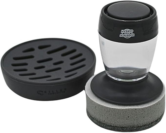 Stainless Steel & Hybrid Cookware Scrub & Polisher with Soap-Dispensing Handle, Dual-Layer DuoPad & Drydock Tray. Refillable, Ergonomic, Safe for All Hybrid and Stainless Steel cookware.